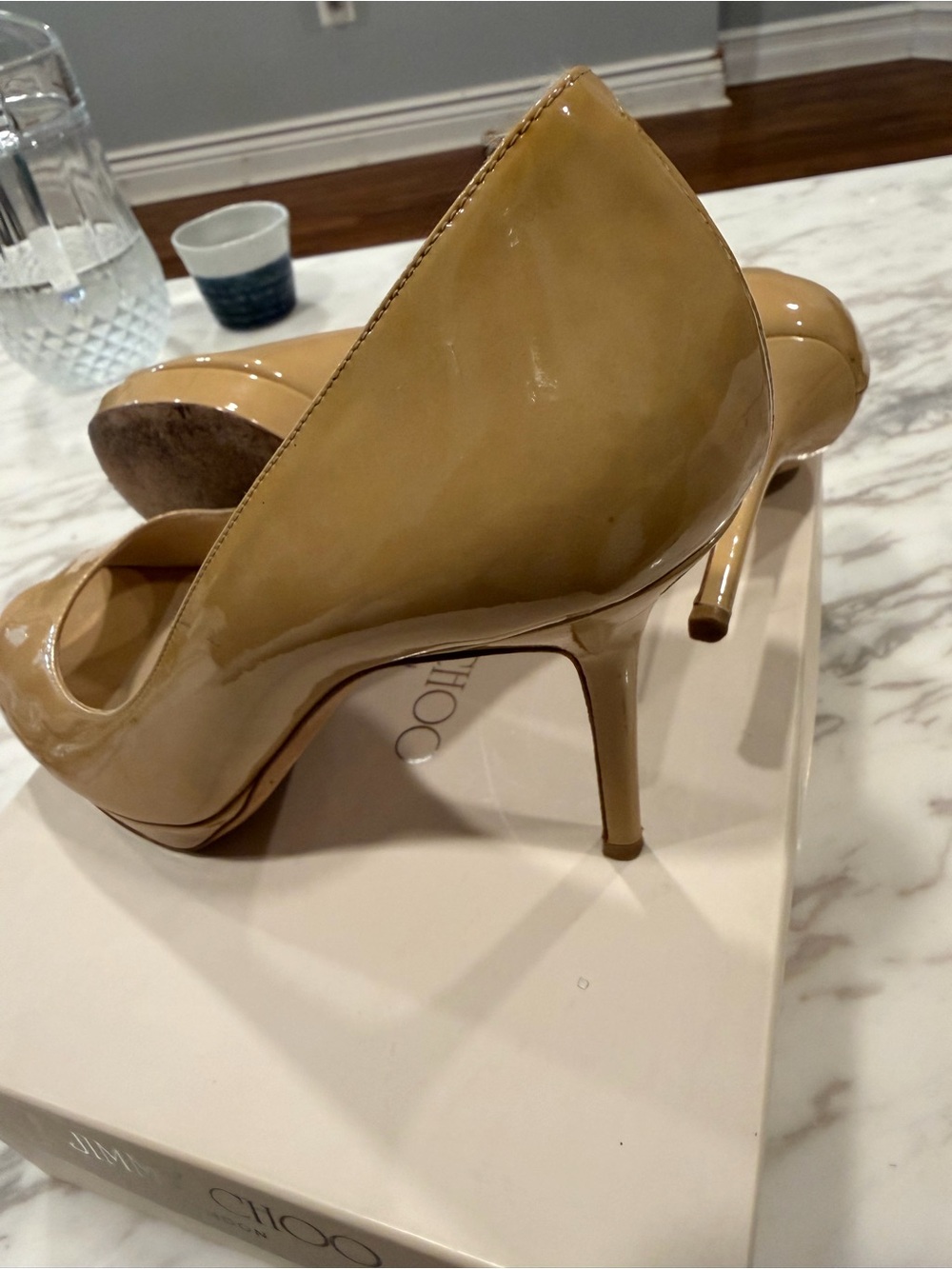 Jimmy Choo Nude Patent Leather Peep-Toe Pumps - Picture 3 of 4